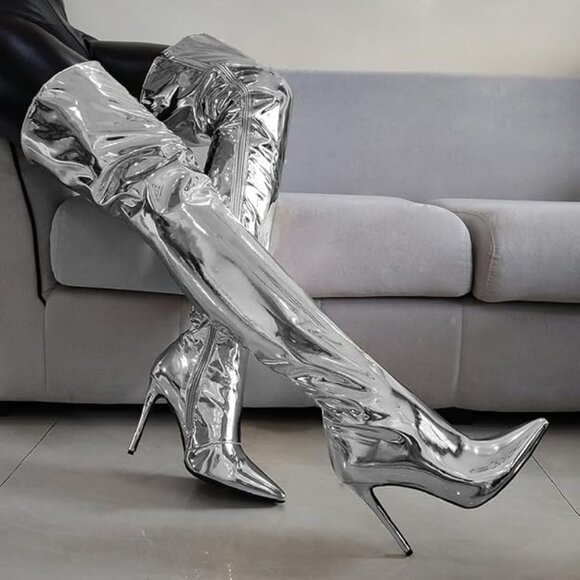 Arqa Women's Metallic Over The Knee High Boots Pointed Toe Stiletto High Heel Th - Picture 2 of 4